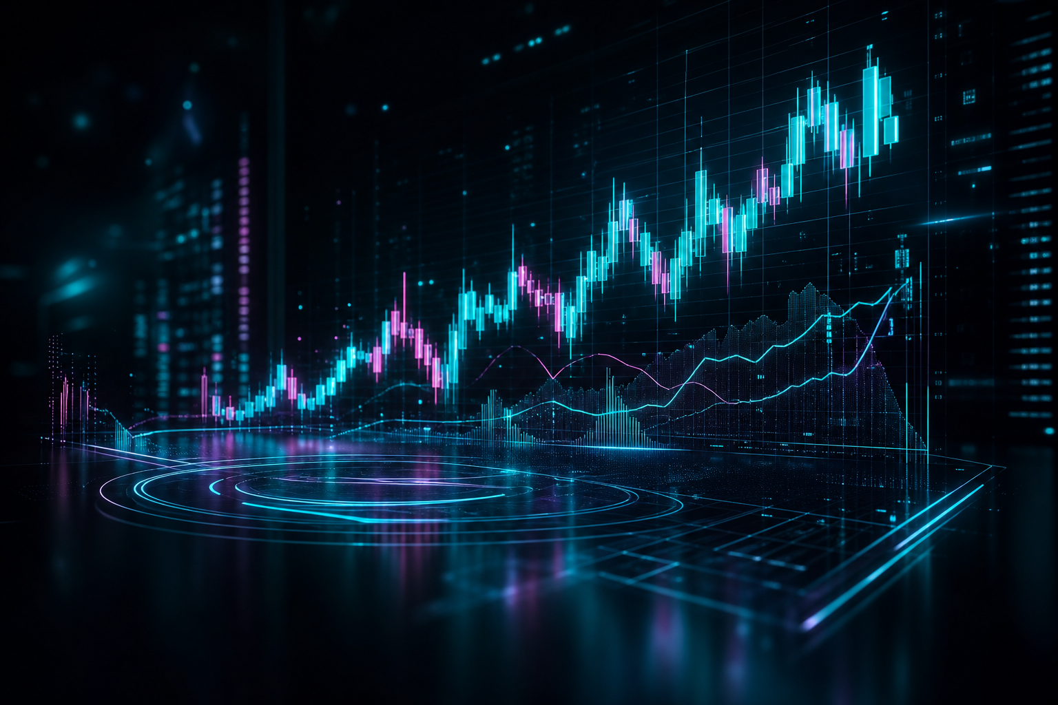 AI-powered stock market data visualisation with glowing candlestick charts