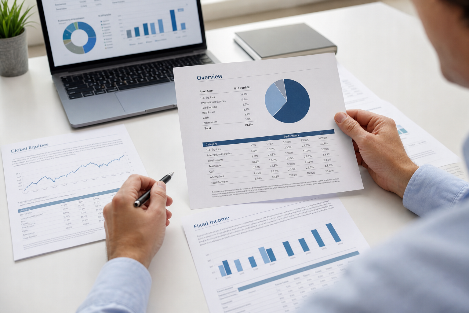 Analyst reviewing financial research reports and portfolio charts