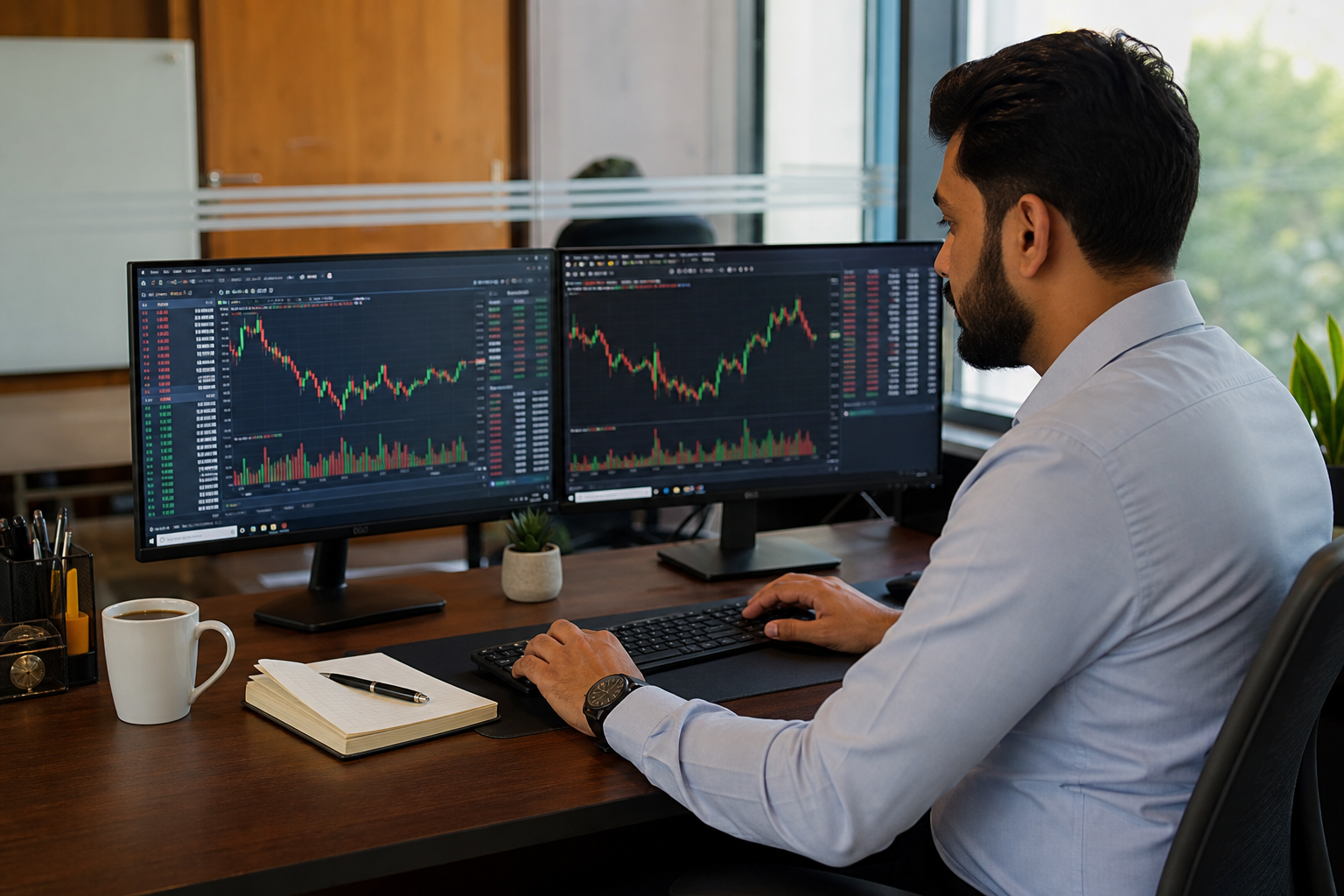 Professional trading desk with live market charts